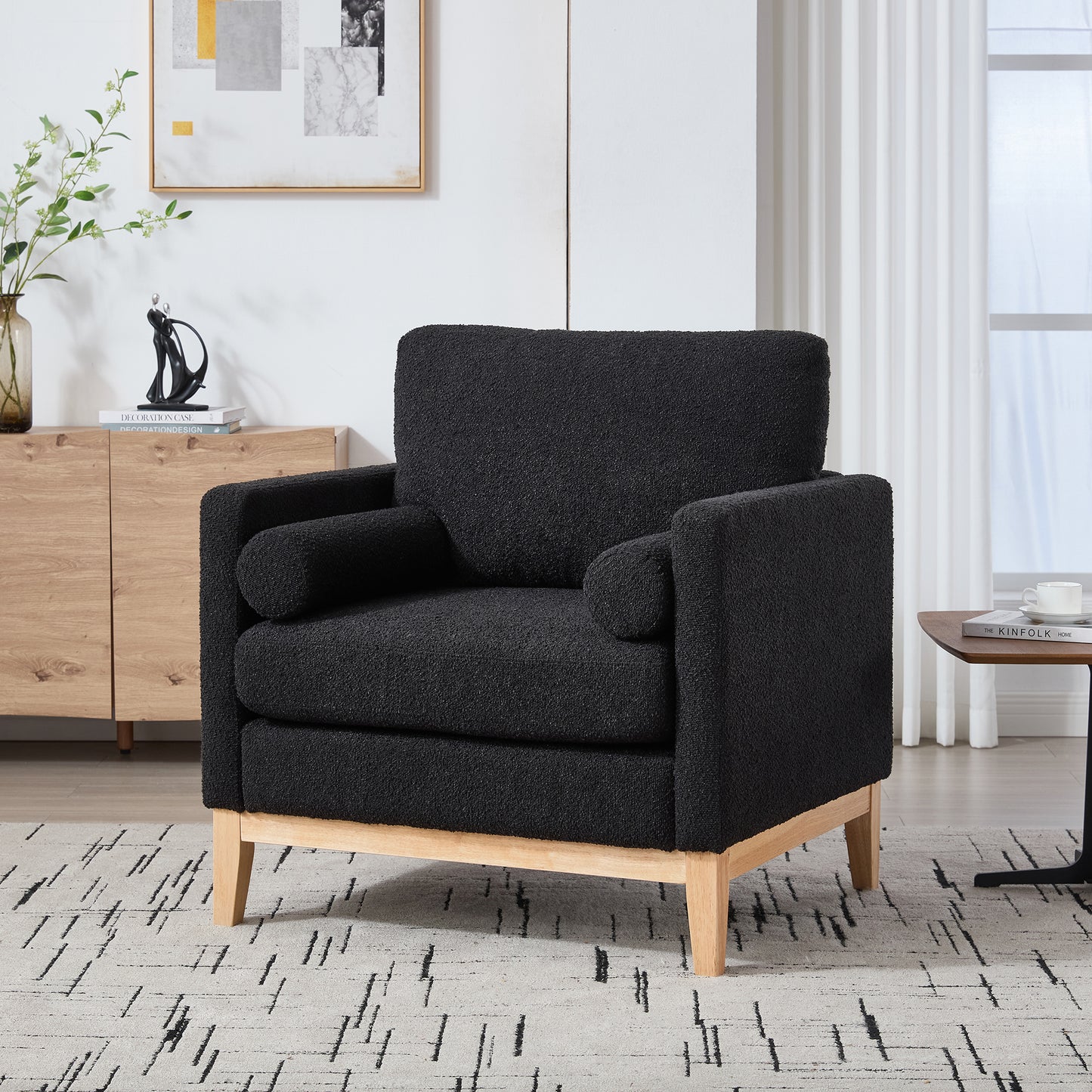 Modern Farmhouse Accent Chair with Natural Wood Legs - Black Boucle