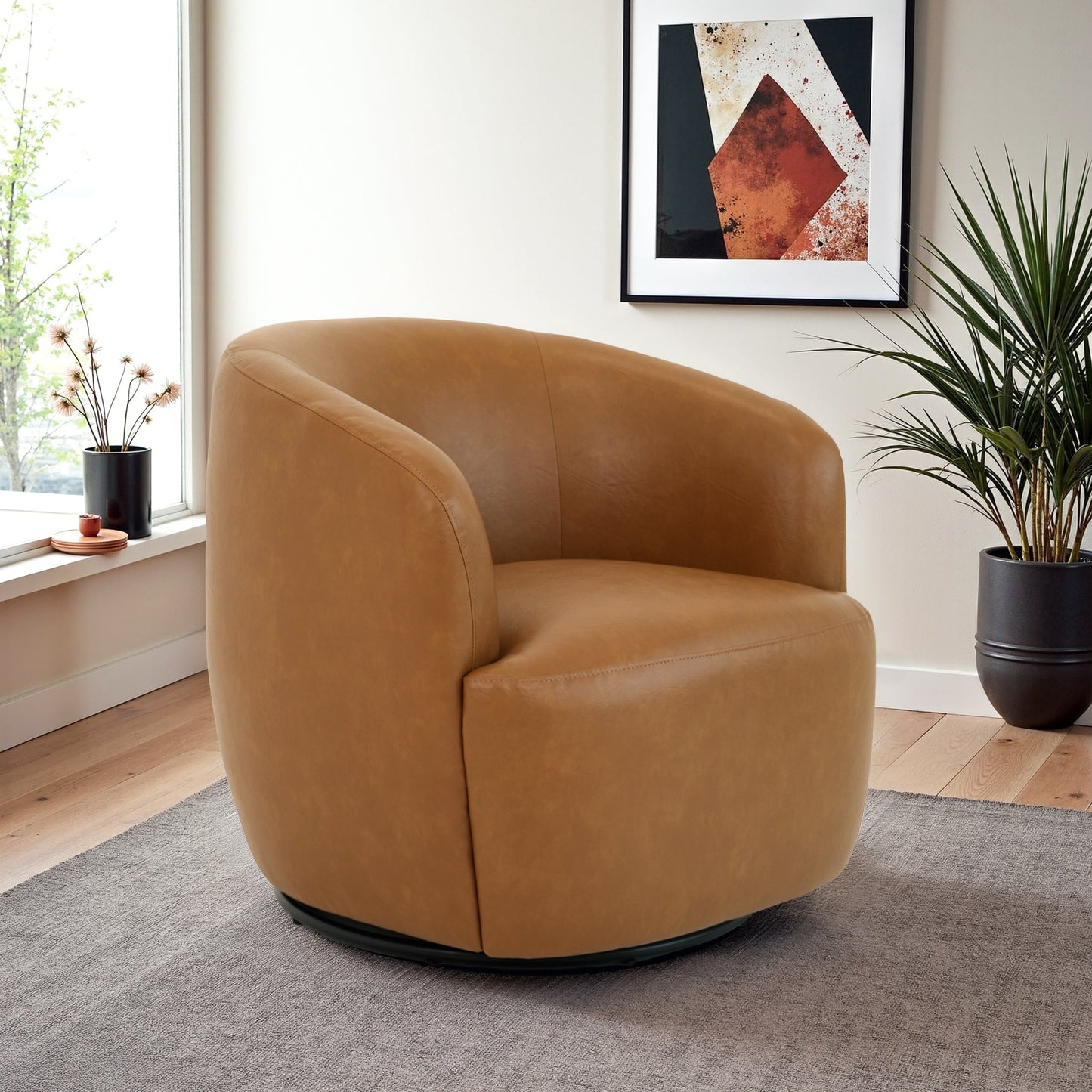 Mina 32 W Tan Vegan Leather Upholstered Swivel Barrel Chair