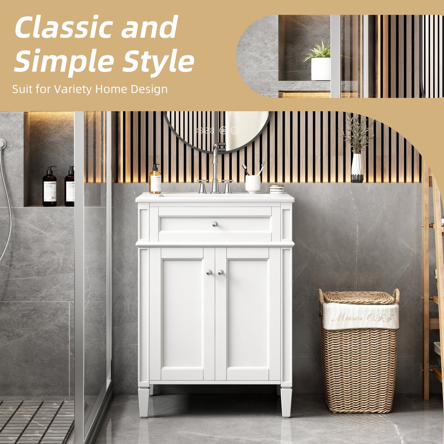 24" Bathroom Vanity with Sink, Soft-Close Doors & Storage