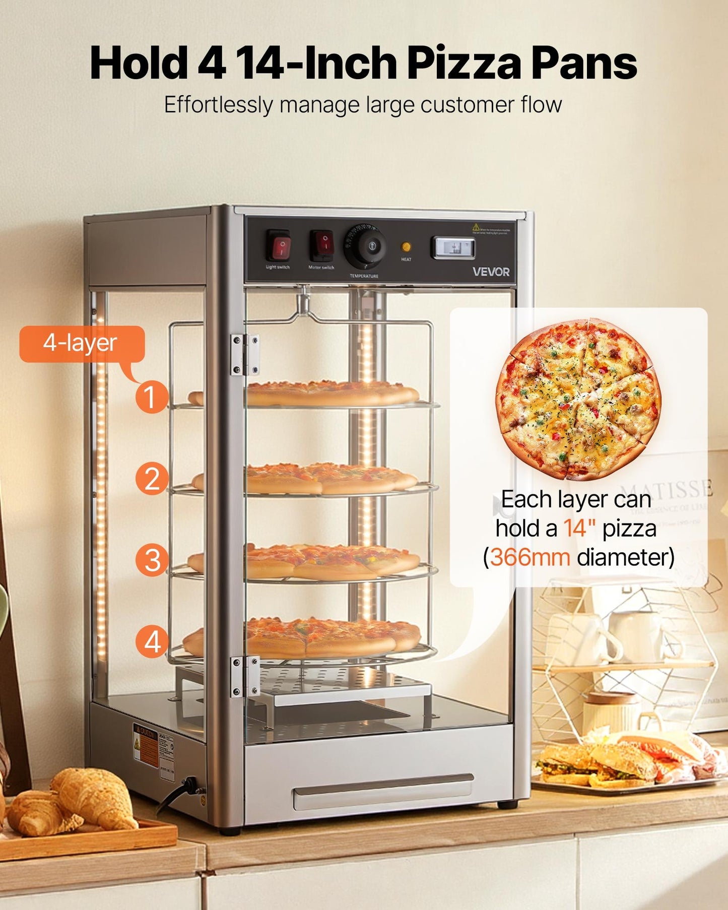 Commercial Pizza Warmer Display 4-Tier Steam Heated Food Warmer with Temp Control