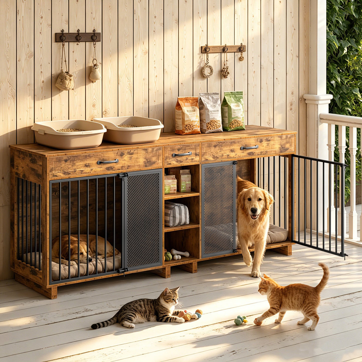 Large Wooden Dog Crate Furniture with Storage and Multi-Function Design