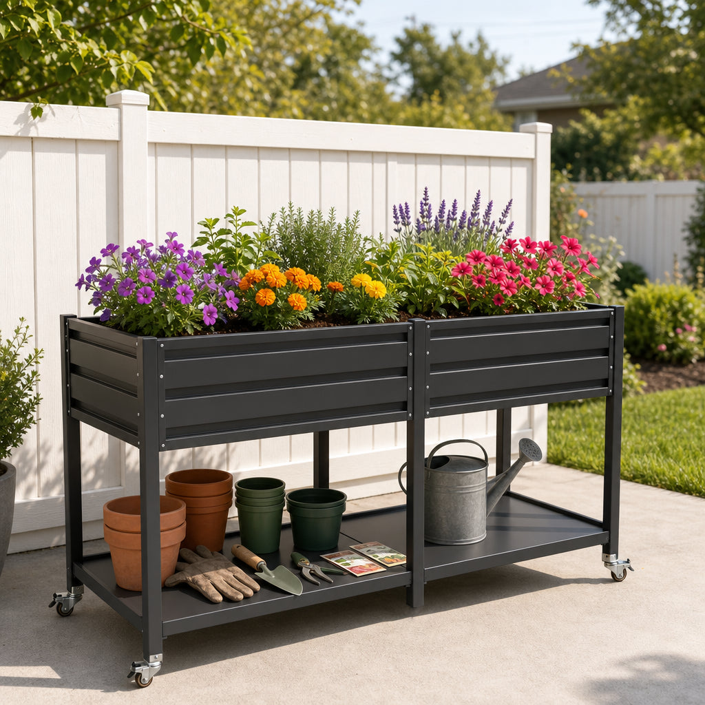 Dual Tier Metal Raised Garden Bed with Lockable Wheels & Storage Shelf - Dark Gray