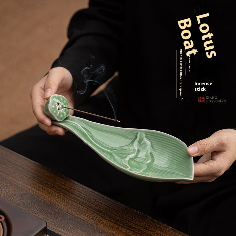 Ceramic Lotus Boat Incense Holder with Wooden Base - Zen Home Fragrance Decor