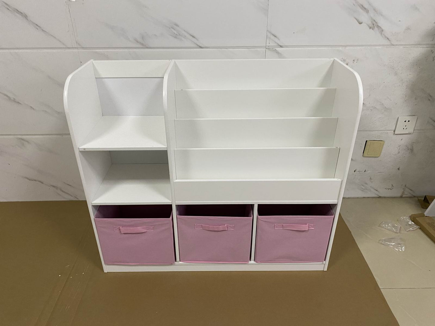 Kids Bookcase with 3 Fabric Drawers - White and Pink
