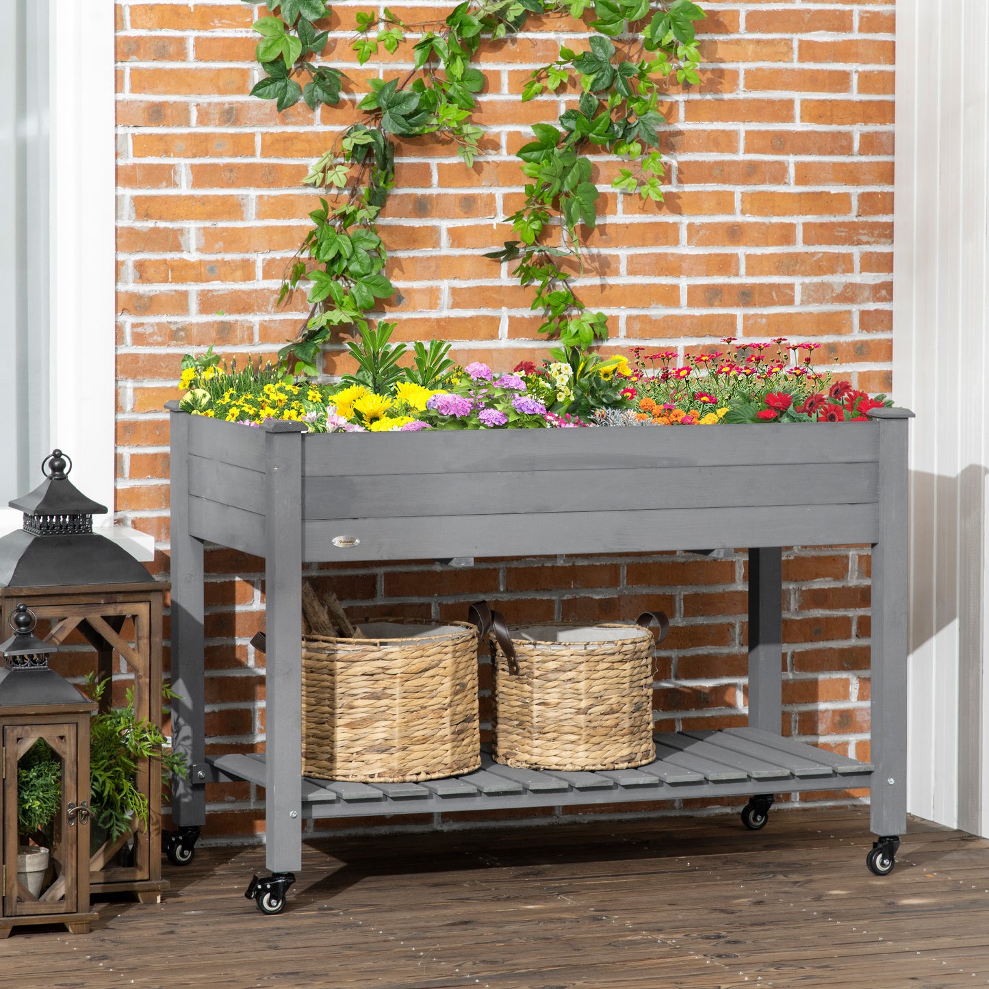 Raised Garden Bed with Lockable Wheels and Storage Shelf - Wooden Planter Box, 47x21 Inches, Dark Gray