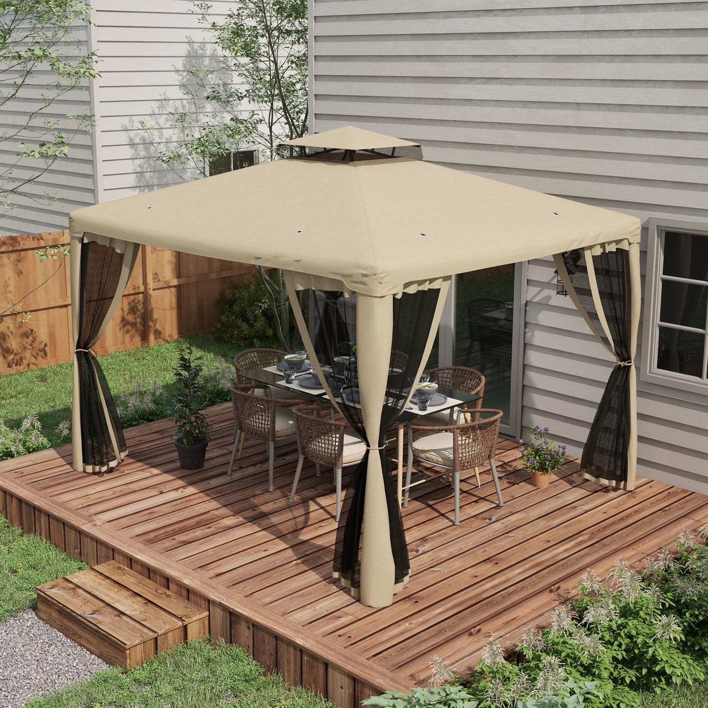 Patio Gazebo Canopy Shelter with 2-Tier Roof & Netting - Taupe