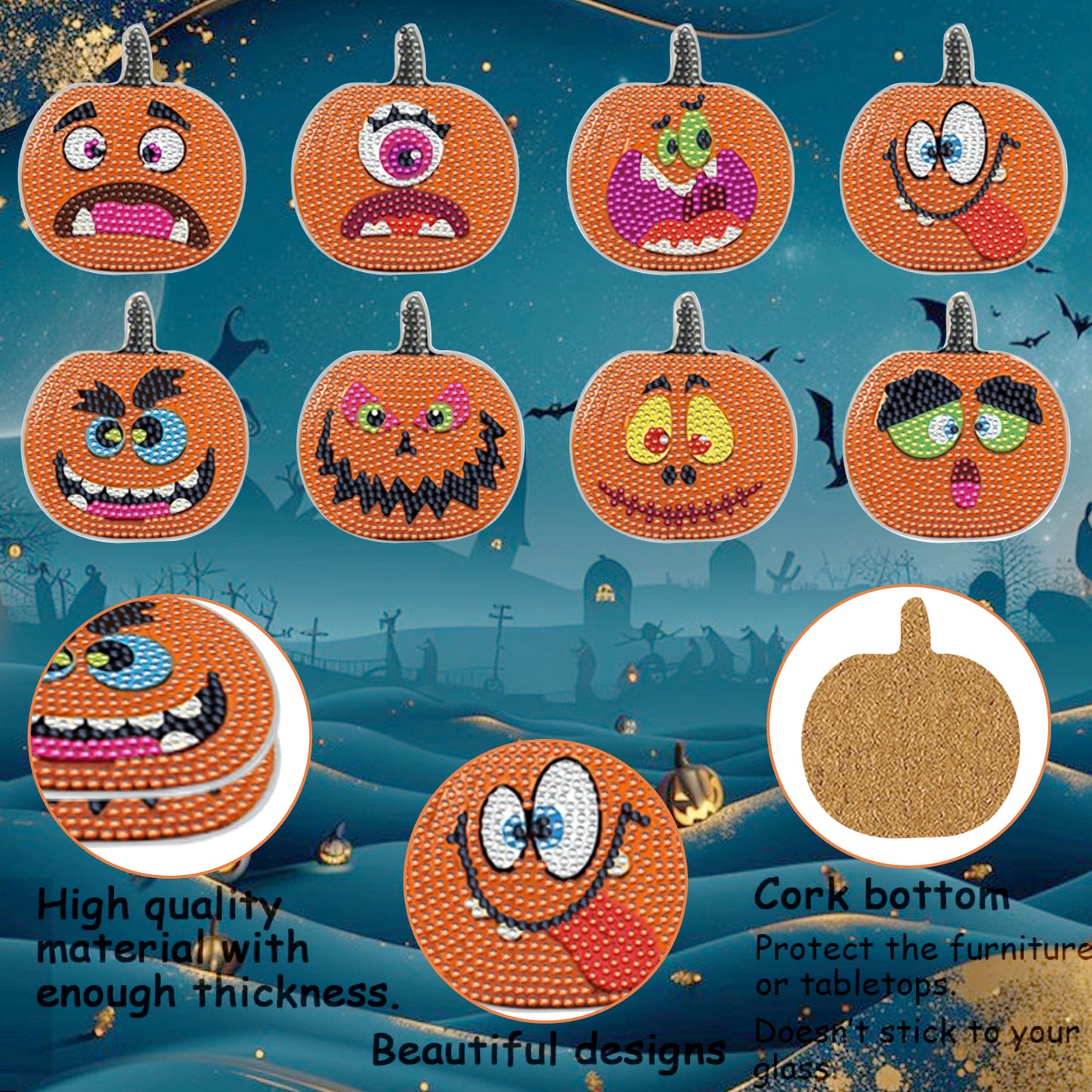Halloween Pumpkin Rhinestone Coasters - 8 Pack