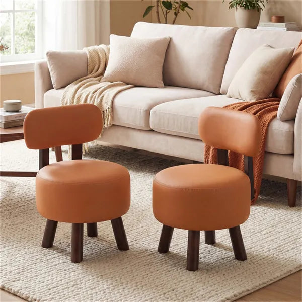 2-Piece Small Orange Footstools - Faux Leather & Rubber Wood