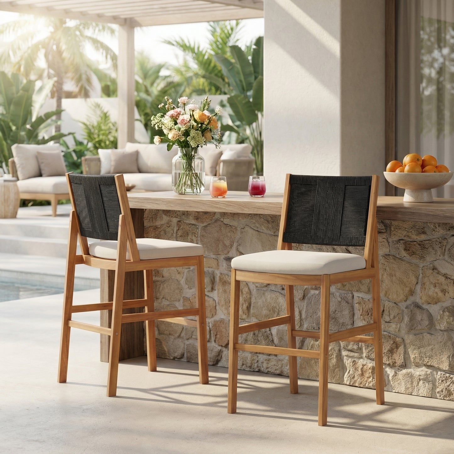 Outdoor Acacia Wood Bar Stools Set of 2 with Cream Cushion & Wicker Back