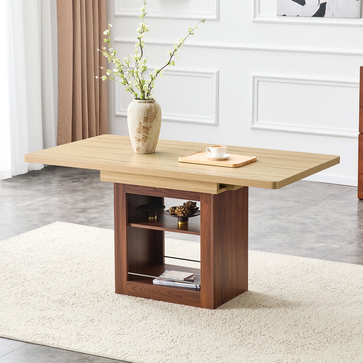 An Expandable Dining Table With Storage Space, A 59 Inch To 71