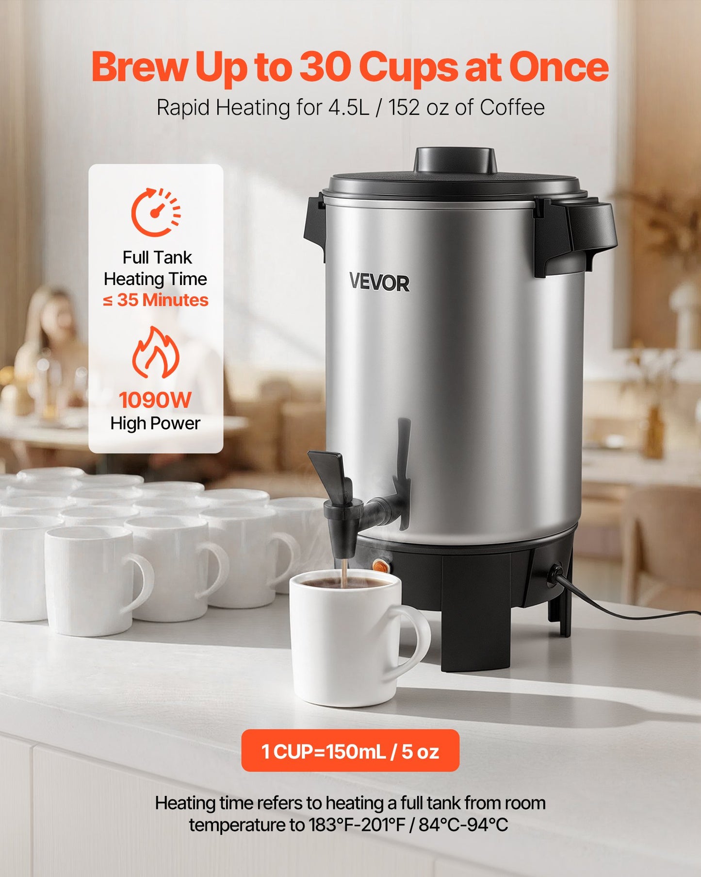 Commercial Coffee Urn 30 Cup, 152oz Hot Beverage Dispenser with Dripless Faucet, Quick Brewing