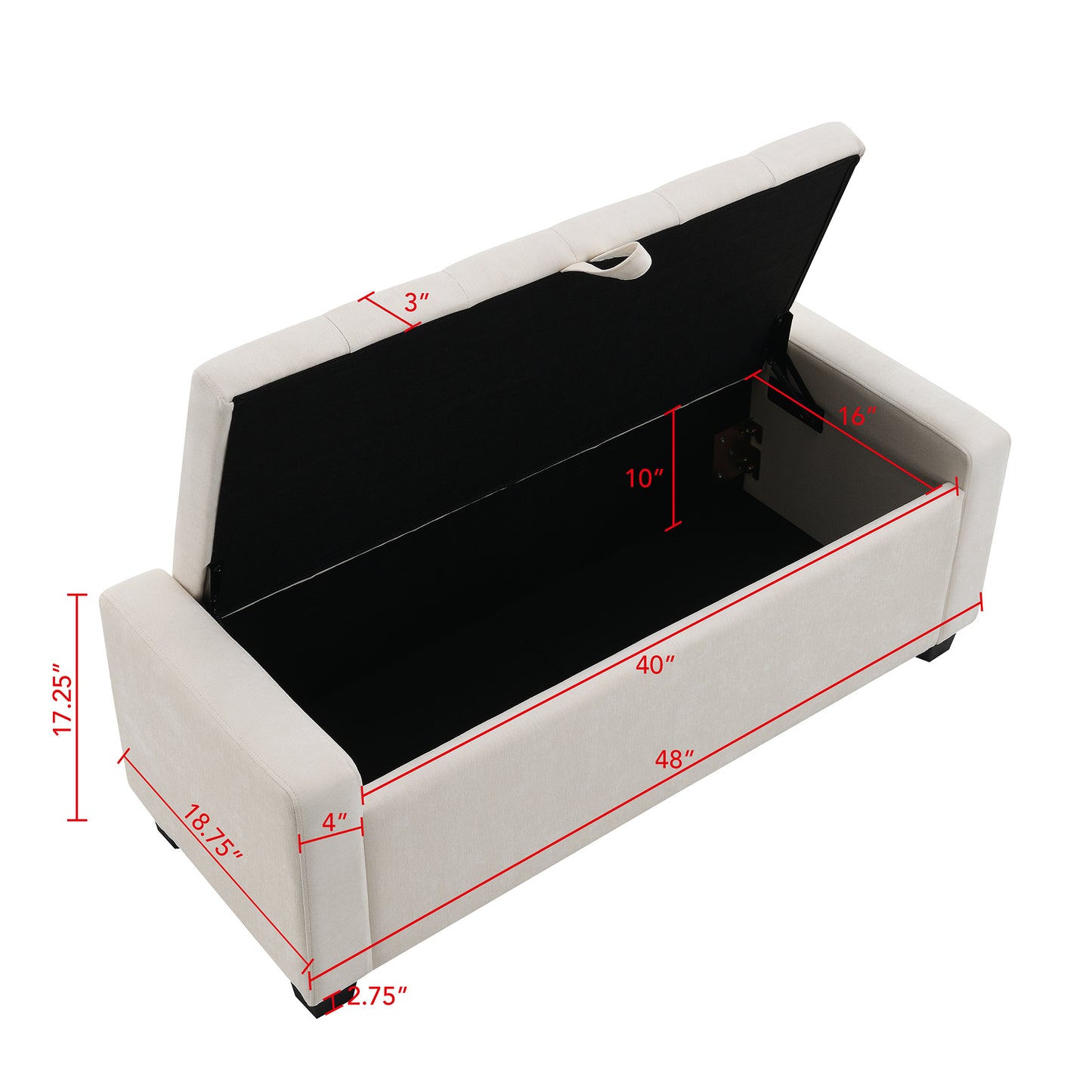 48 Ottoman With Storage, Storage Bench Safety Hinge, Upholstered