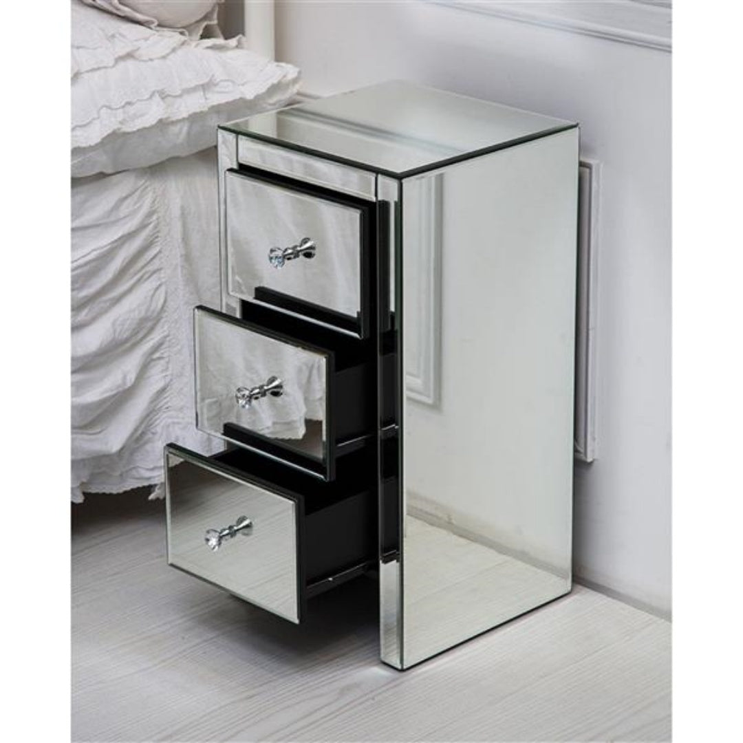 Mirrored Glass Bedside Table with 3 Drawers - Silver