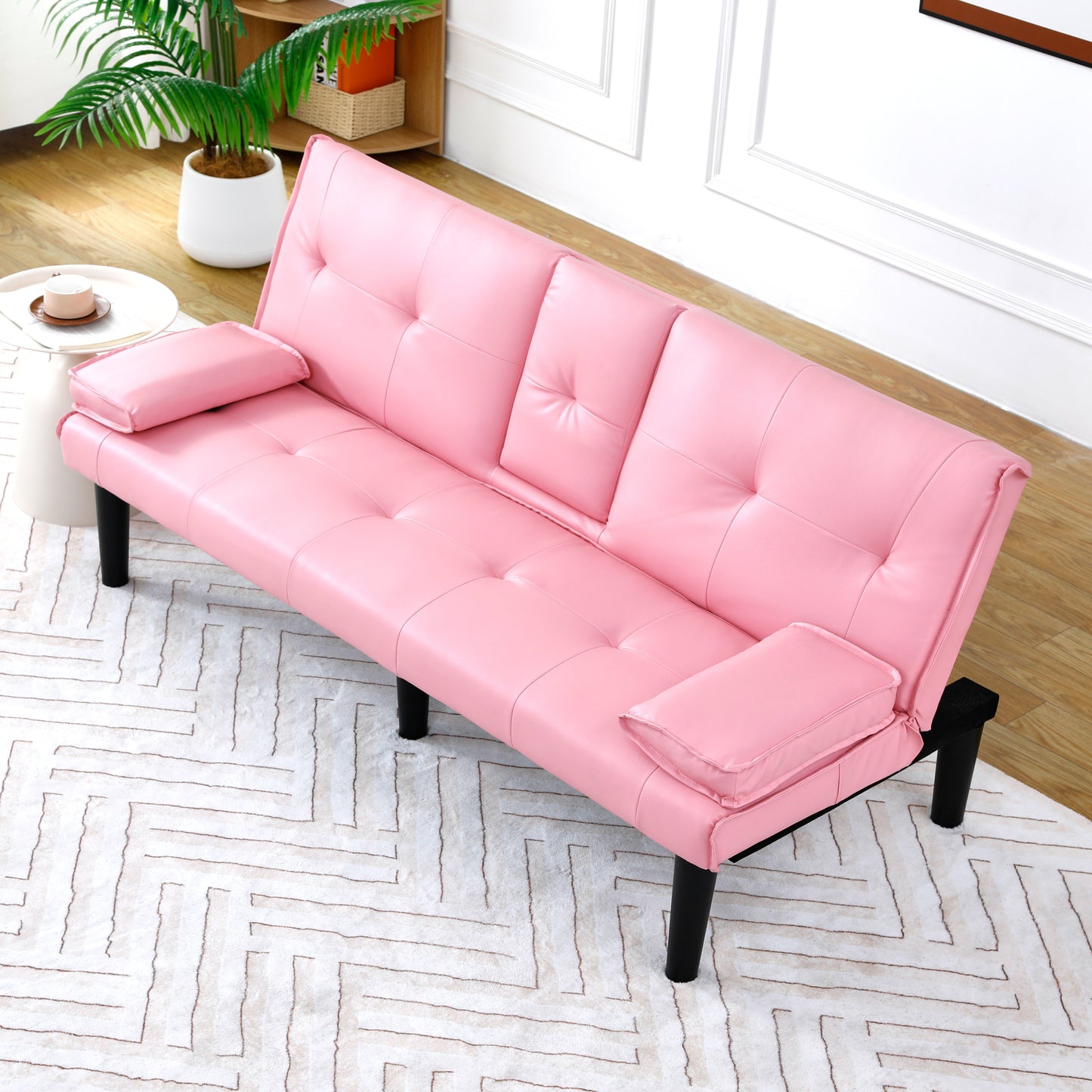 67-Inch Pink PVC Sofa Bed with Foldable Design & Cup Holder