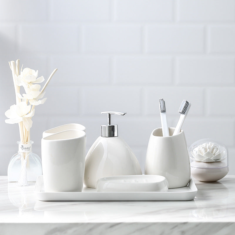 White Porcelain Bathroom 5-Piece Toiletry Set - Hotel Style