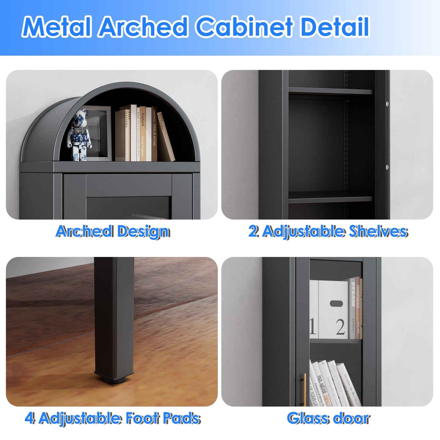 Metal Arched Bookcase Cabinet with Glass Doors - Black