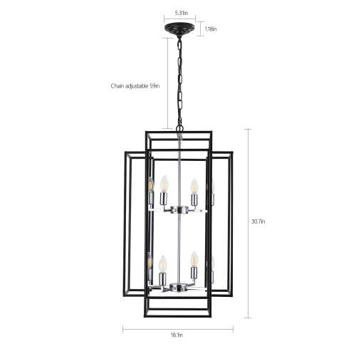 8-Lantern Farmhouse Chandeliers with Adjustable Height Black Iron Fixture