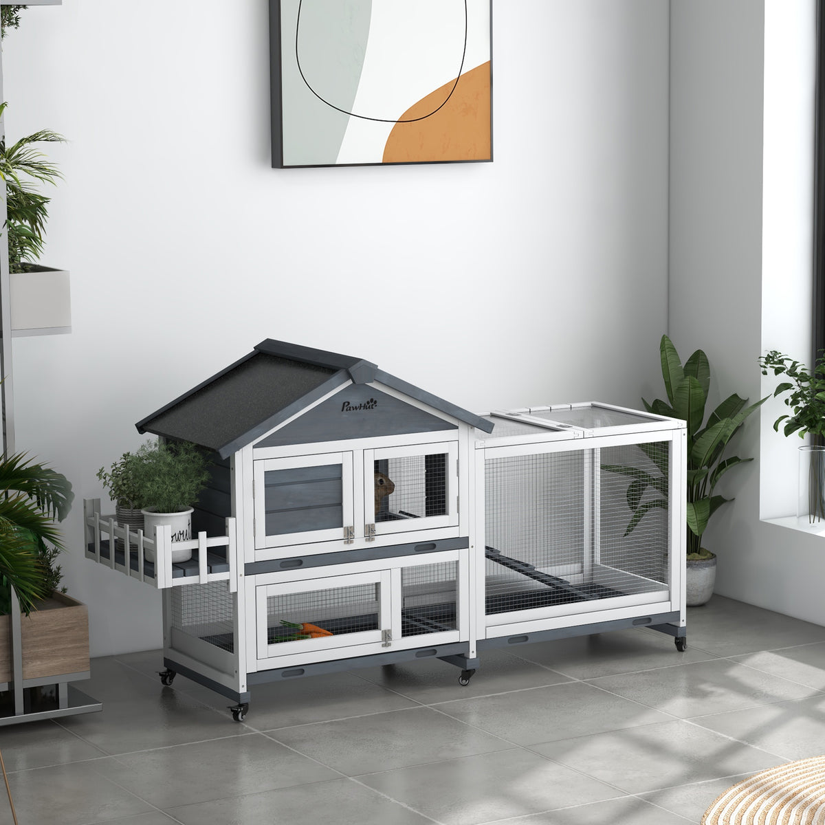 Wooden Rabbit Hutch with Openable Roof & Storage - 65 Inch Pet House for Small Animals, Gray