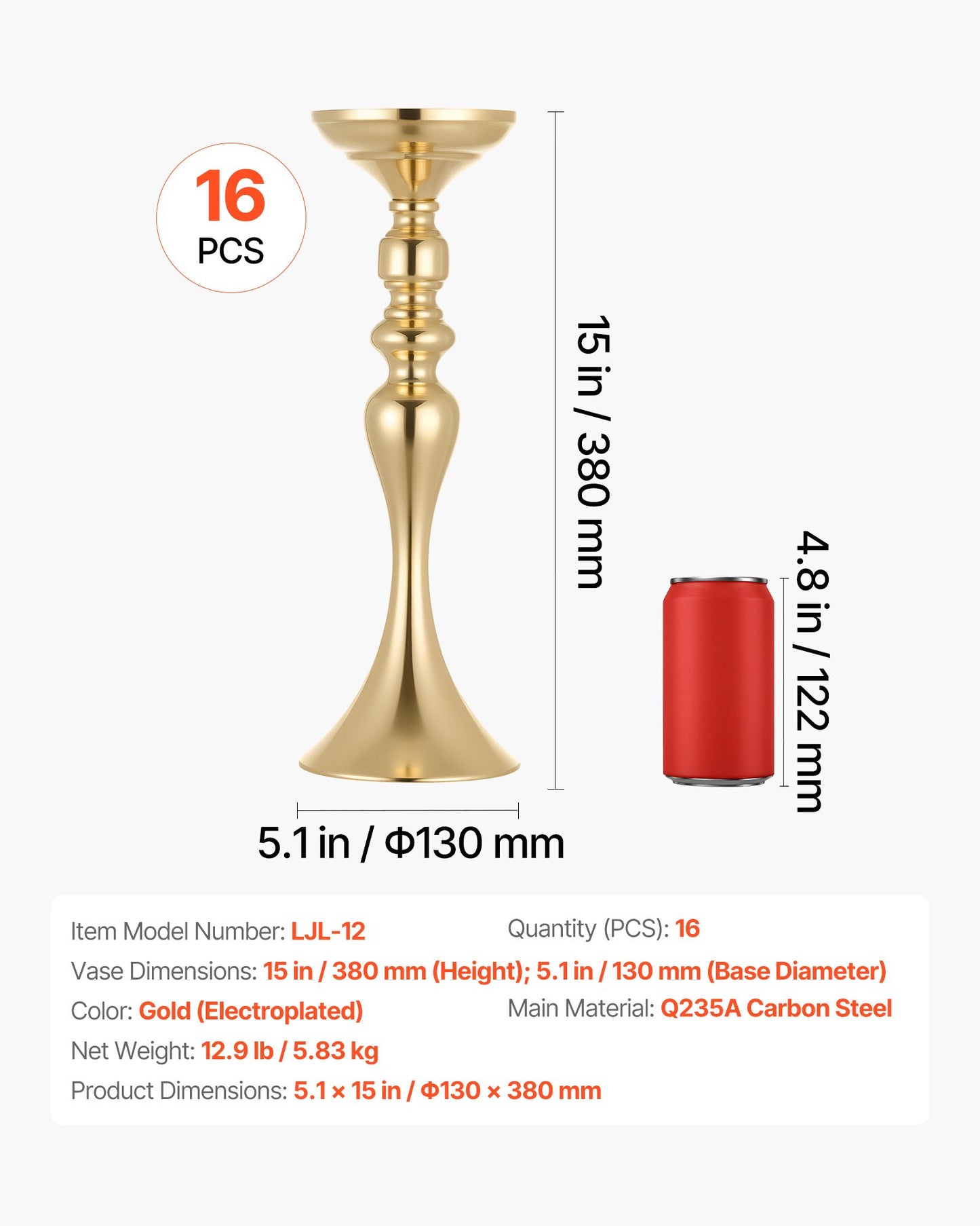 16 Pcs Tall Wedding Flower Vases - Gold Crystal Banquet Centerpieces for Party & Home Decor