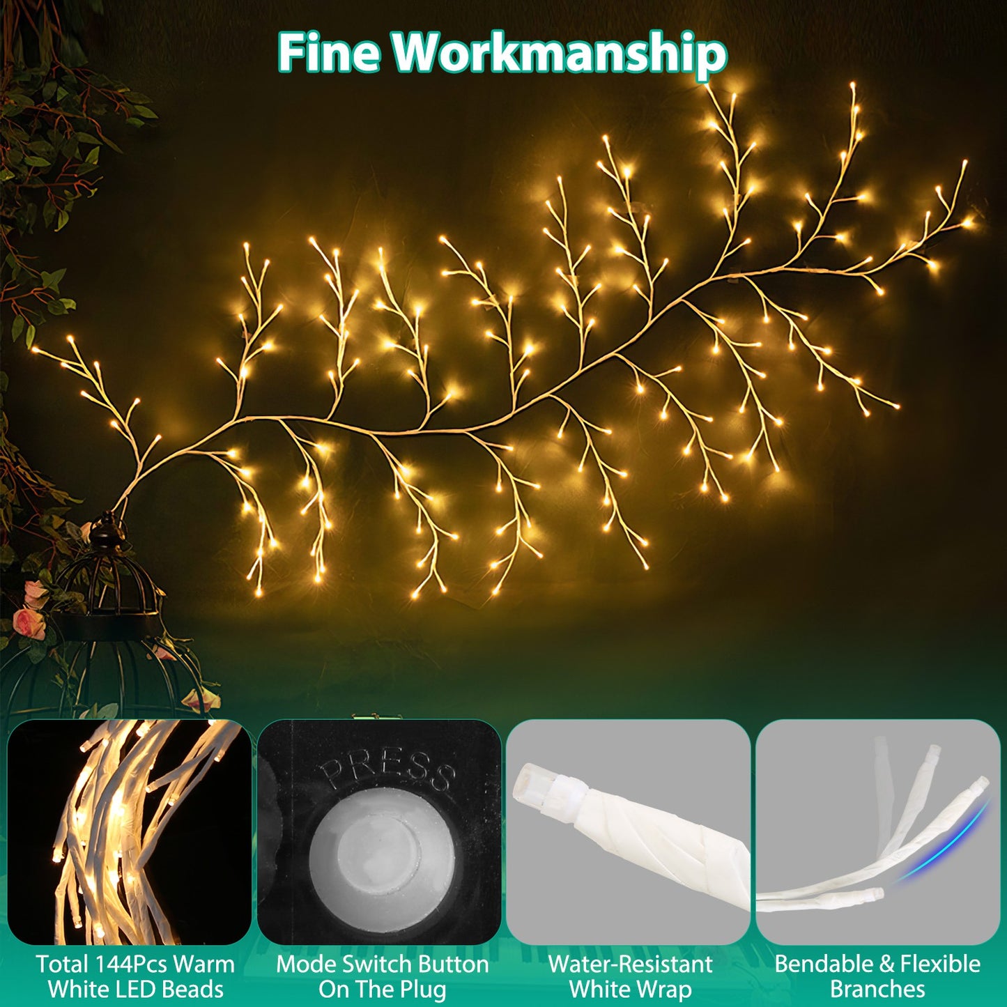 Lighted Birch Garland with 144 LEDs, 8 Modes, Waterproof, 7.87ft