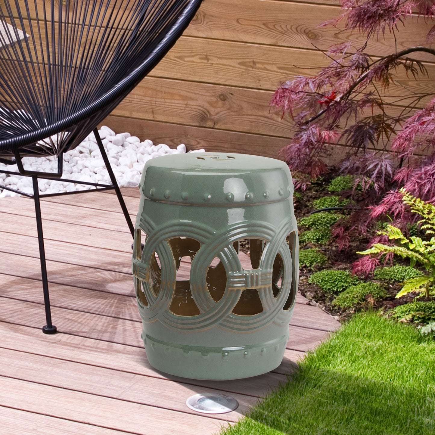 Ceramic Garden Stool with Double-Coin Design - Green