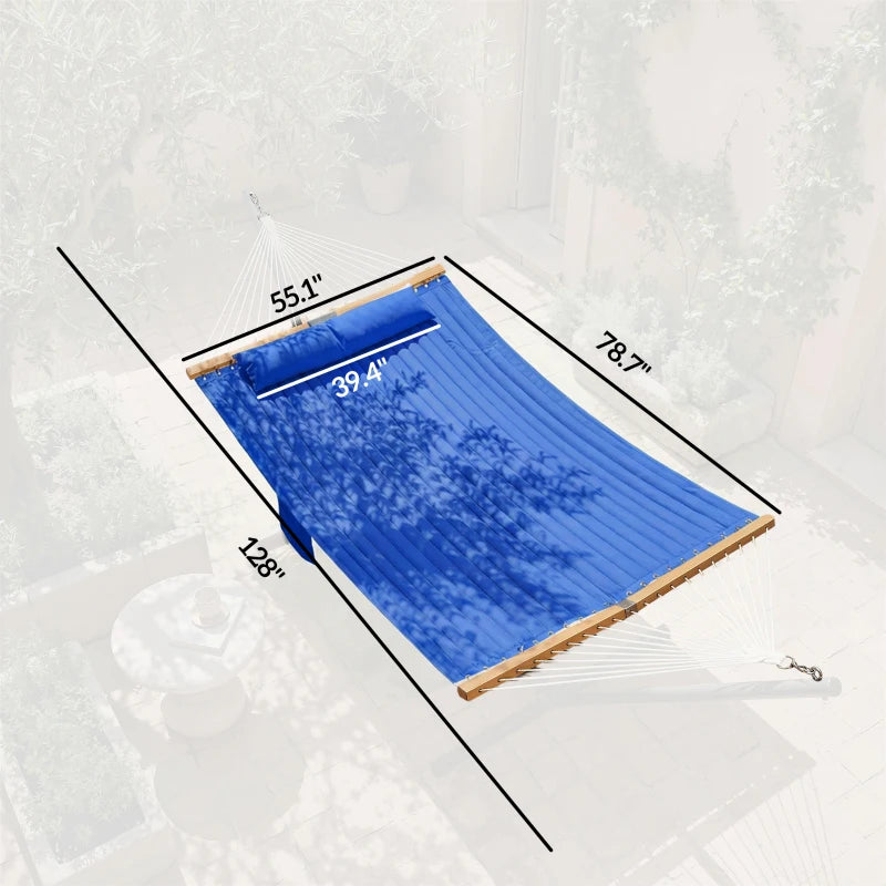 Double Outdoor Hammock for 2 - Quilted with Natural Wood & Navy Blue