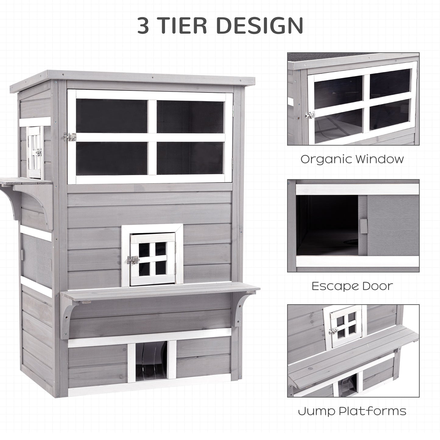 Outdoor Cat House 3-Tier Shelter with Escape Doors Weather Resistant Gray & White
