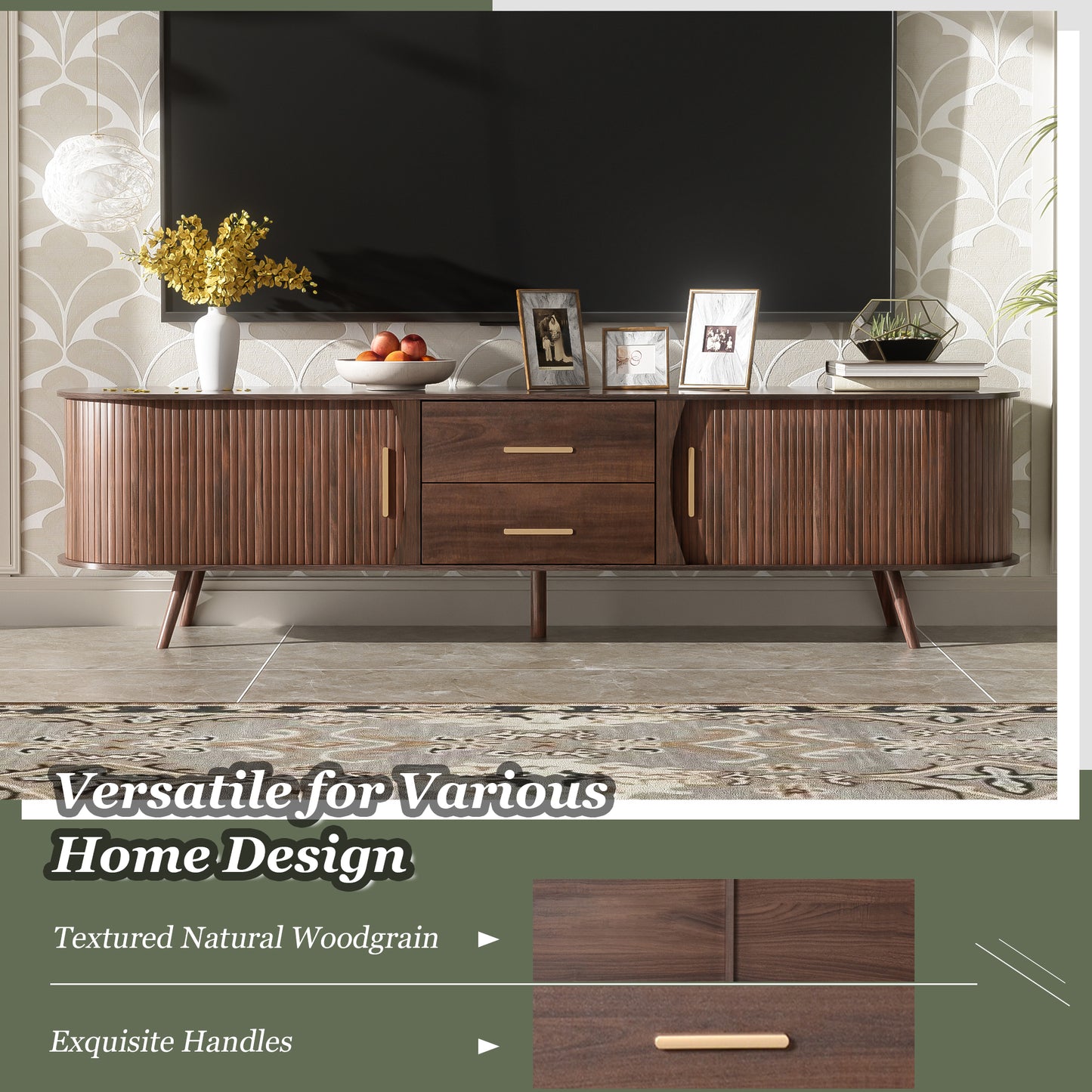 Mid-Century Modern TV Stand for 80" TV, Dark Brown Entertainment Center with 2 Drawers