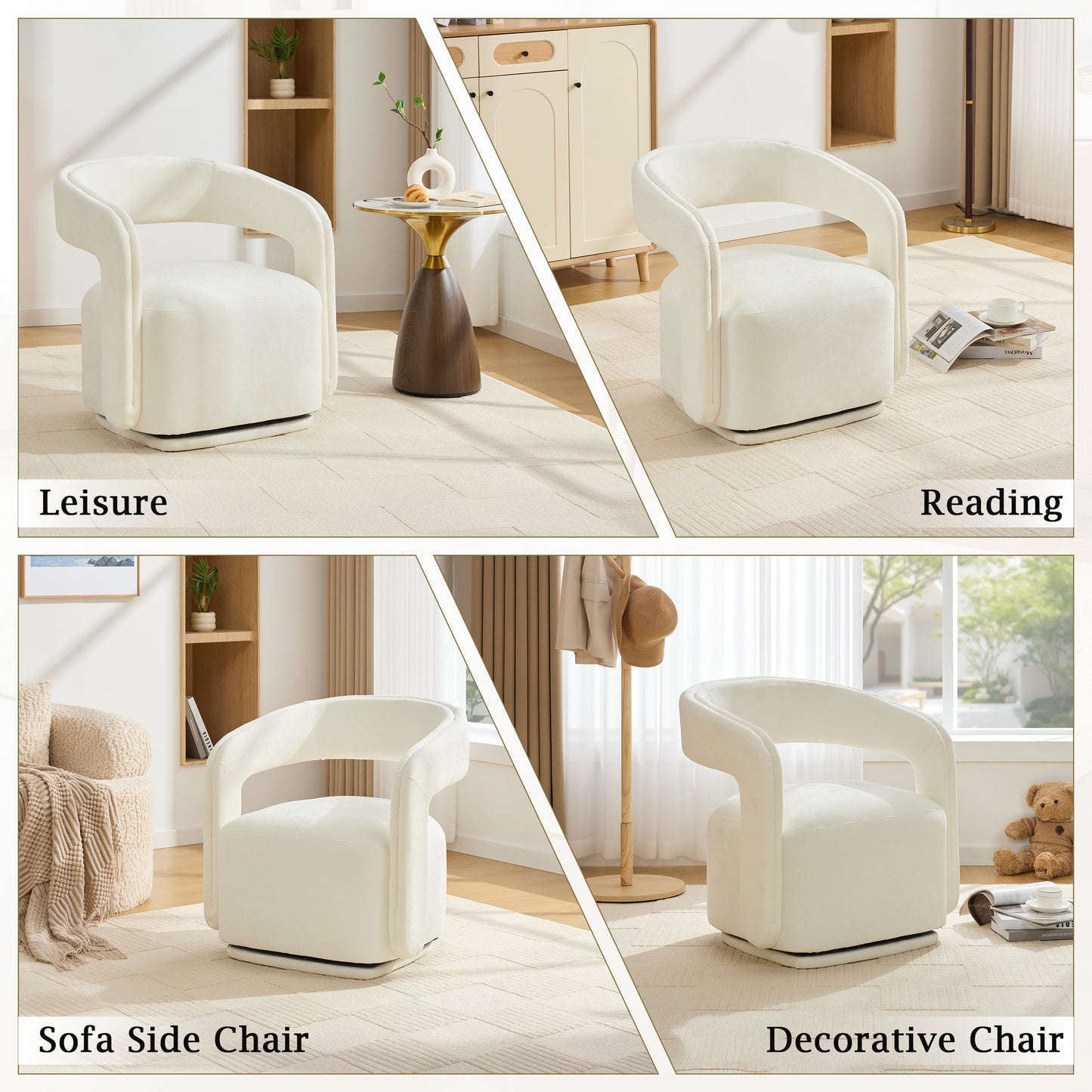 Comfy Chenille Fabric Swivel Accent Armchair - White