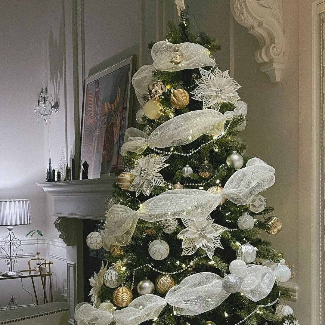 Christmas Tree Decoration Ribbons Mesh Bow Pendants Set for Holiday Decor - 26cm x 10 Yards