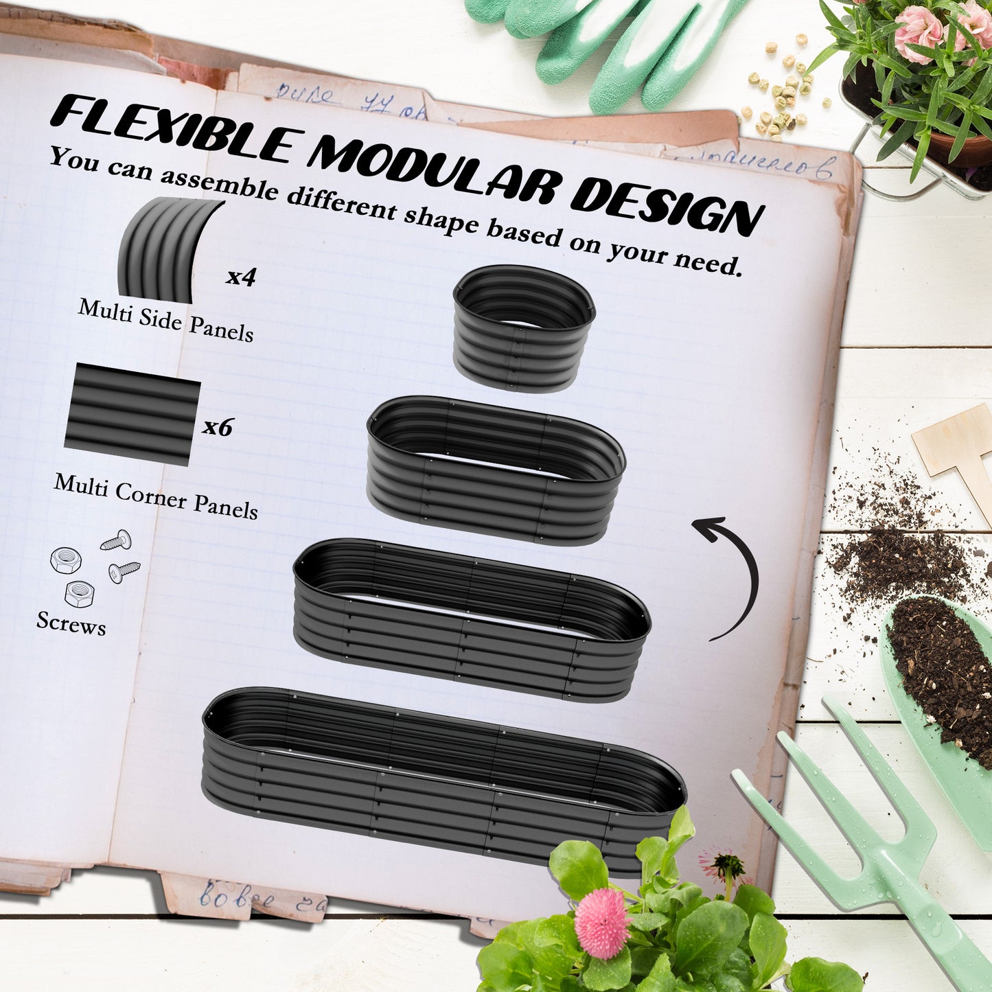 Galvanized Raised Garden Bed Kit - Metal Planter Box with Safety Edging, Dark Gray, 76.75 x 24.5 inches
