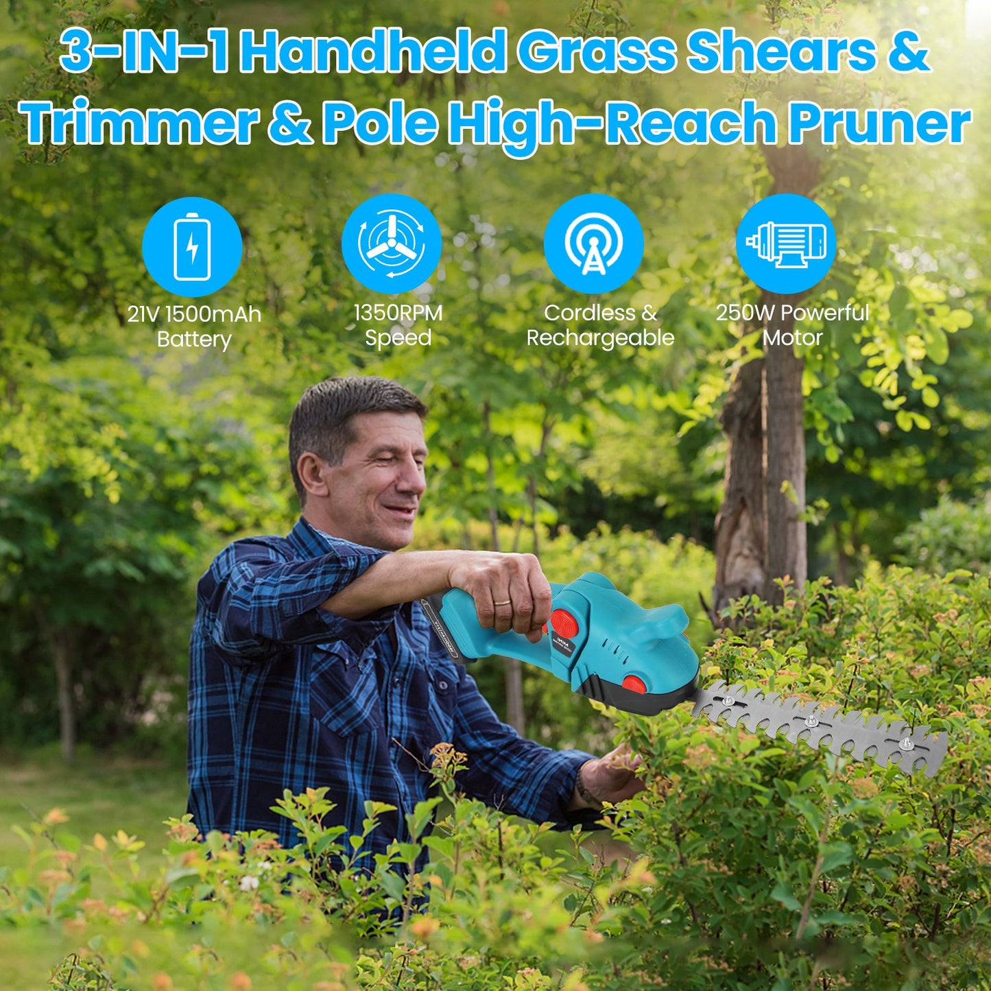 Cordless Multi-Function Hedge Trimmer with Telescopic Pole & Batteries - Blue