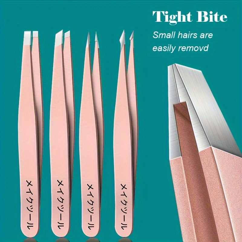 4-Piece Stainless Steel Eyebrow Tweezer Set with Portable Manicure Tools