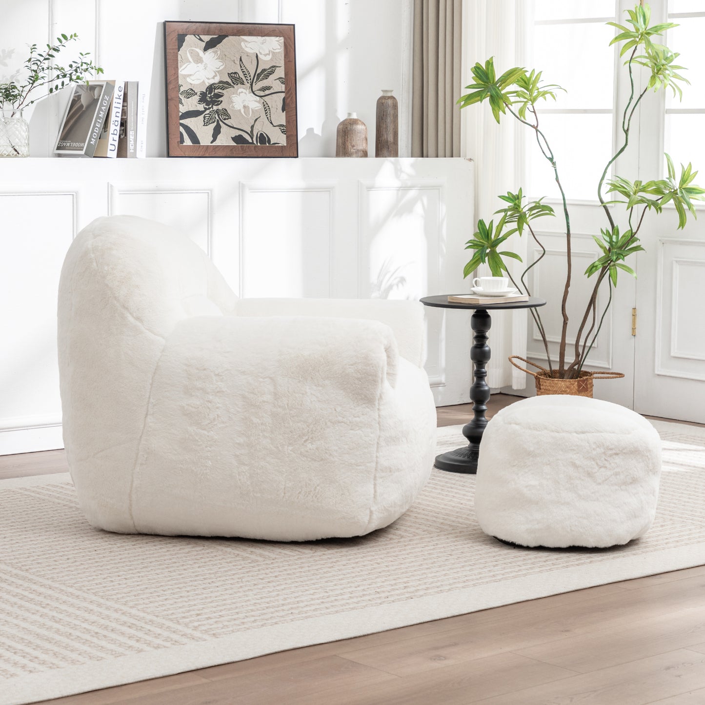 Bean Bag Chair, Comfy Sofa With Back Support, Footstool,Faux Fur