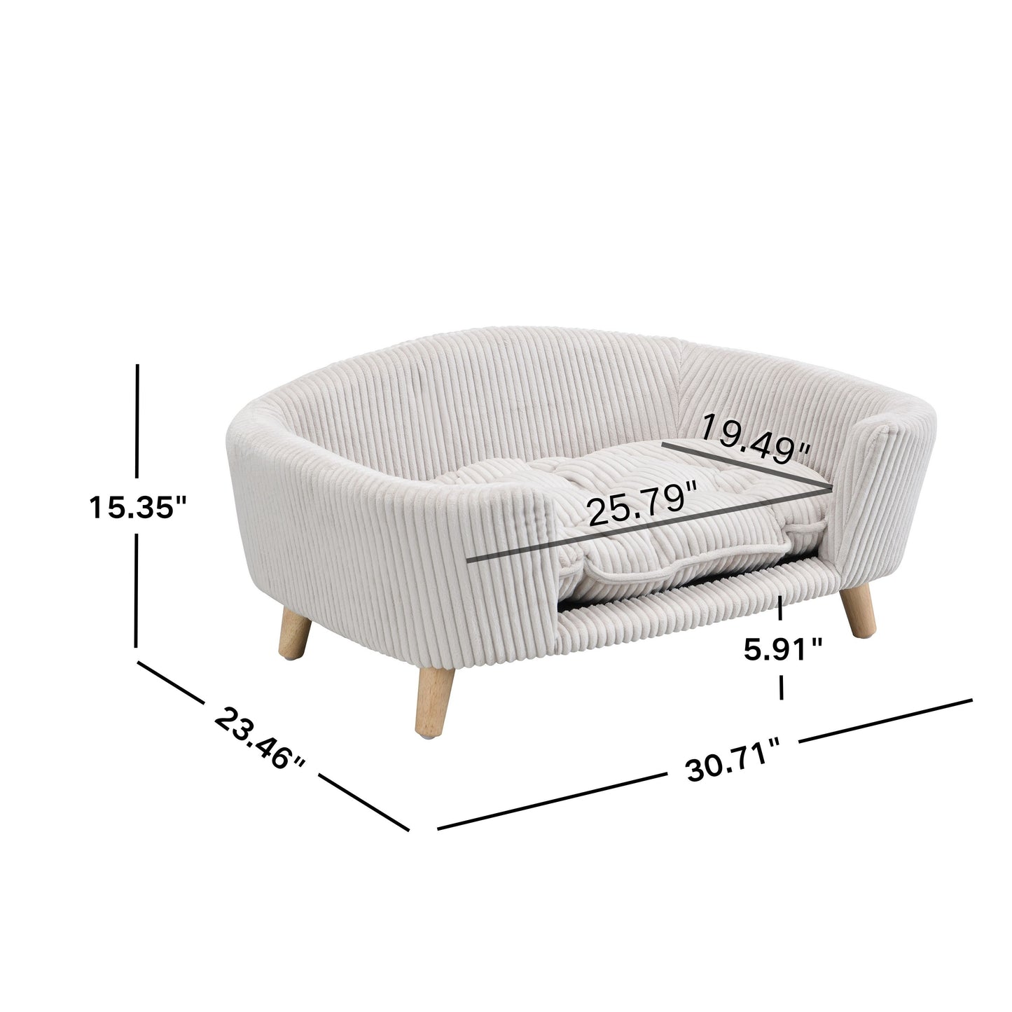 Small Dog Elevated Bed Frame with Corduroy Cushion & Rubber Wood Legs - Beige