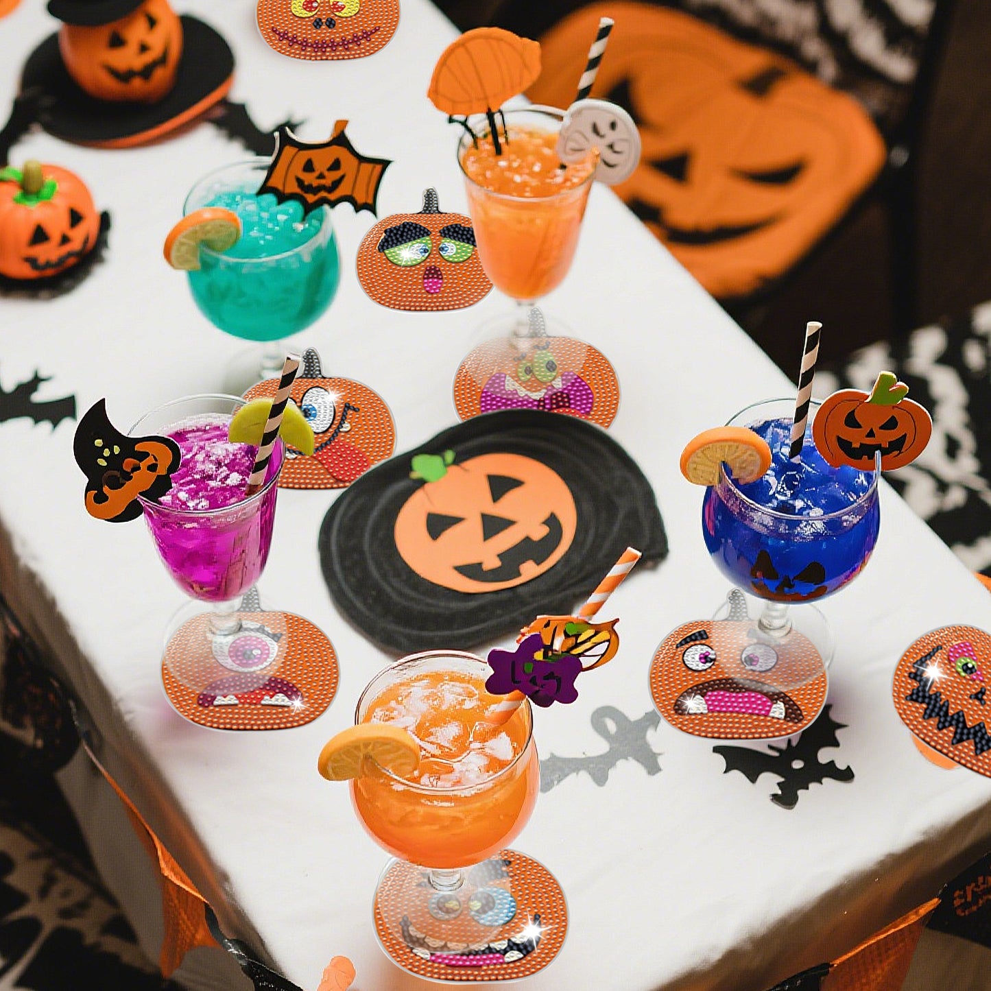 Halloween Pumpkin Rhinestone Coasters - 8 Pack