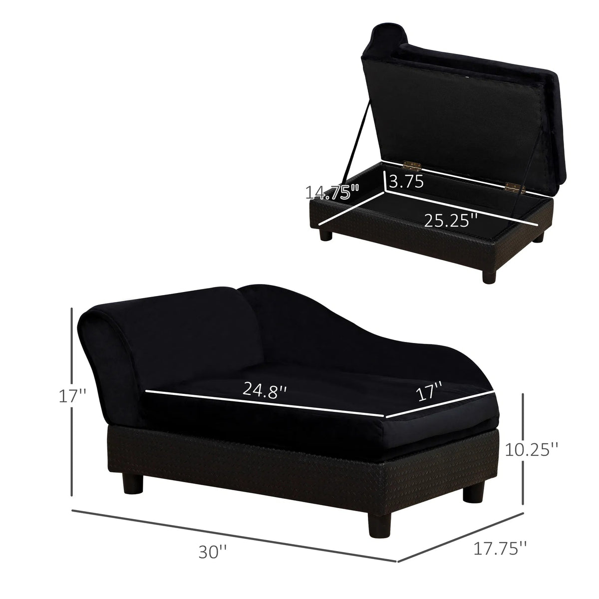 Small Dog Bed with Hidden Storage and Foam Cushion - Modern Pet Sofa, Black