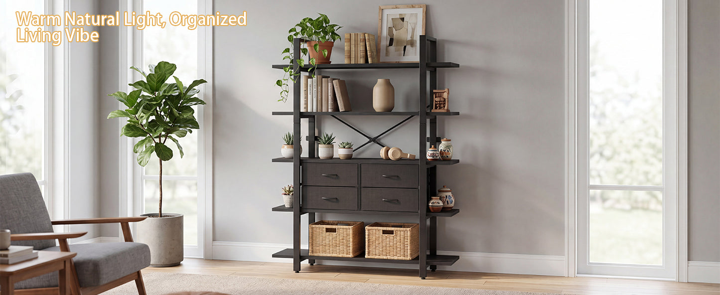 5-Tier Industrial Bookshelf with 4 Drawers - Open Display Bookcase