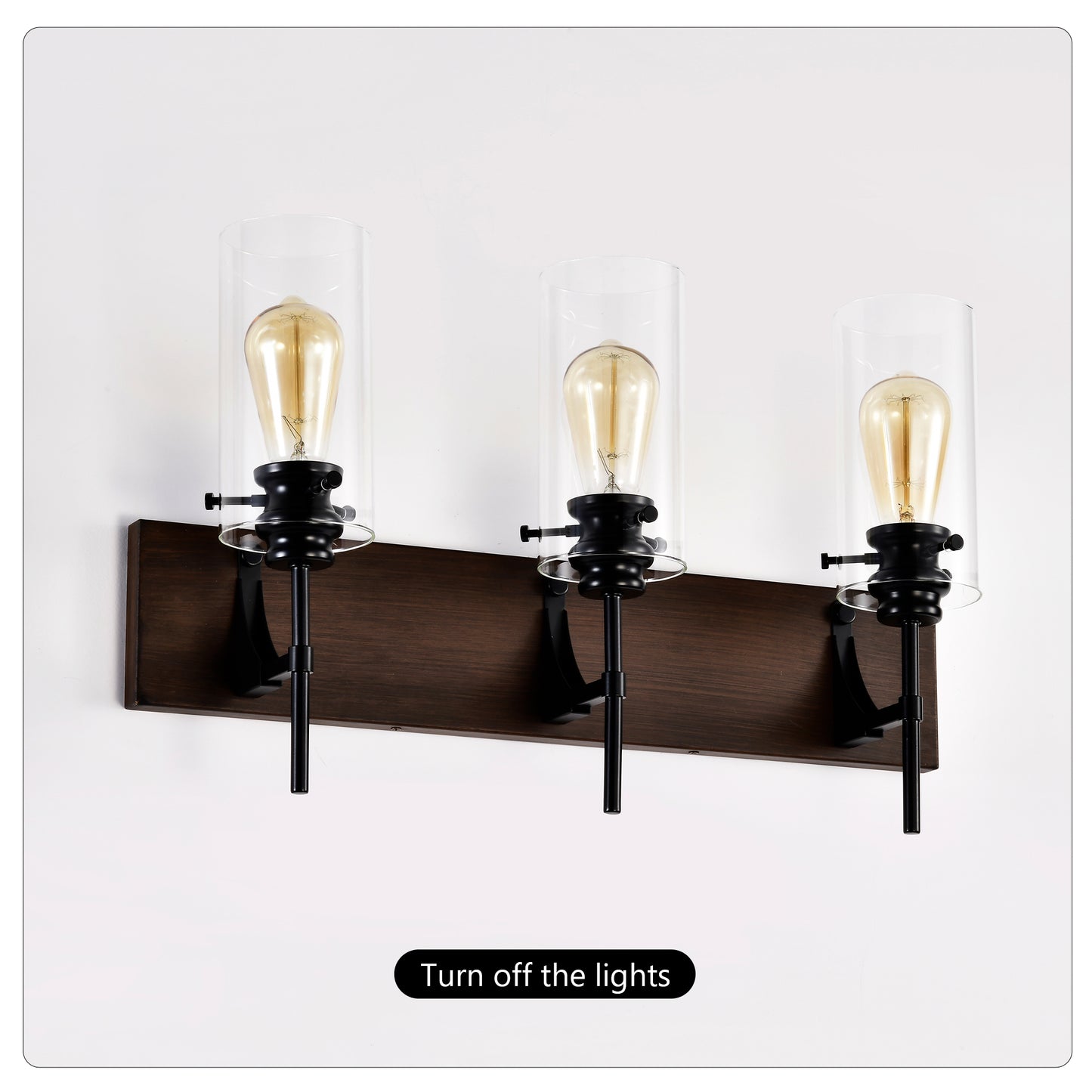 3-Light Matte Black Wood Bathroom Vanity Light with Glass Shades