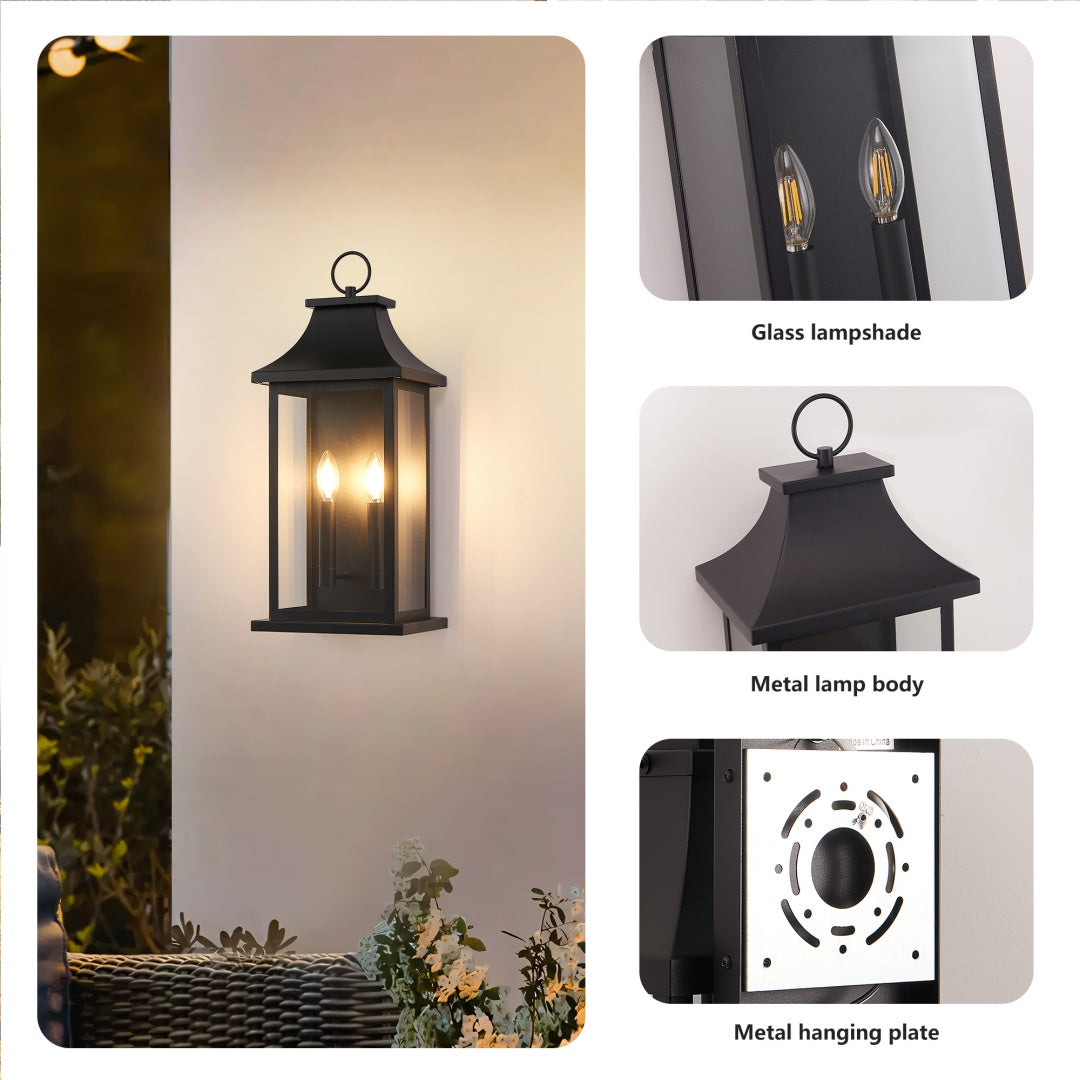 Large 22-Inch Outdoor Wall Lantern Two-Light Black Sconce with Glass Waterproof Fixture