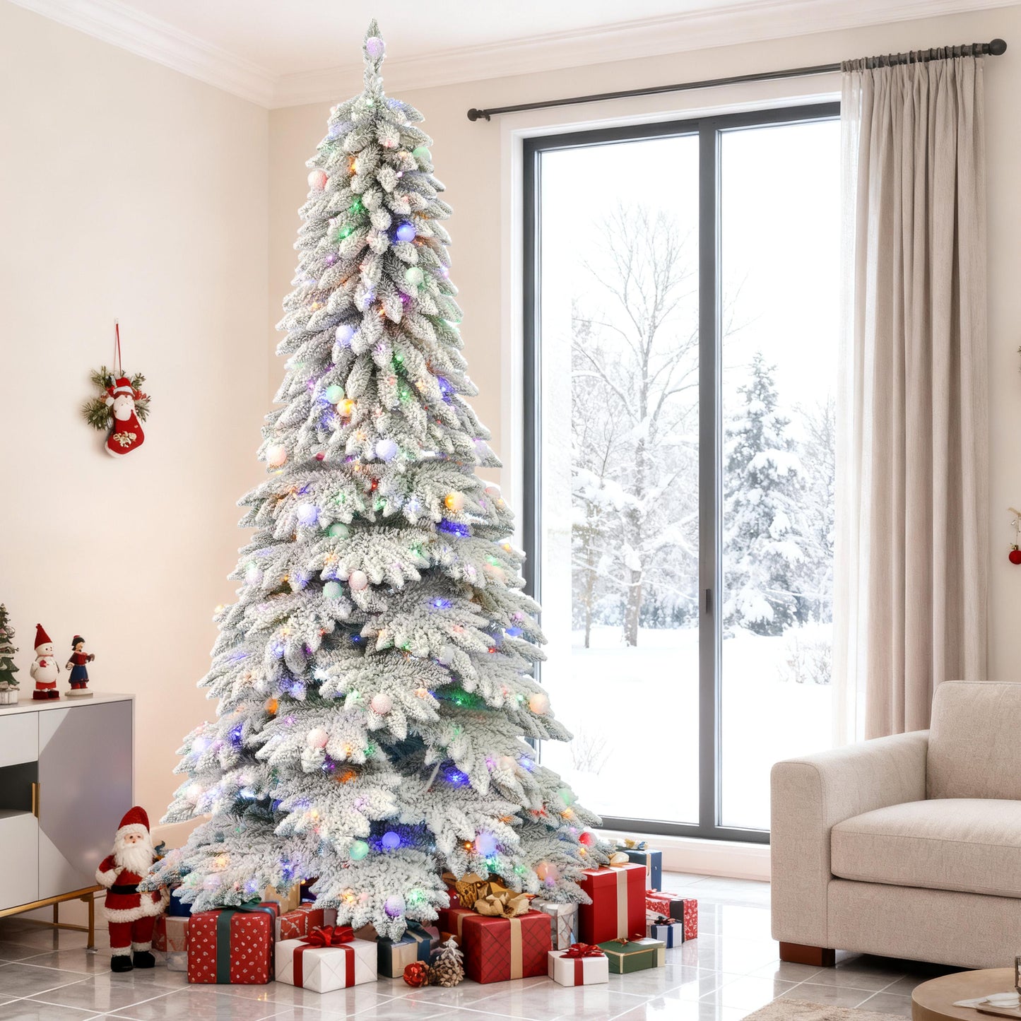 Pre-Lit Snow-Flocked Christmas Tree for Festive Home Decoration