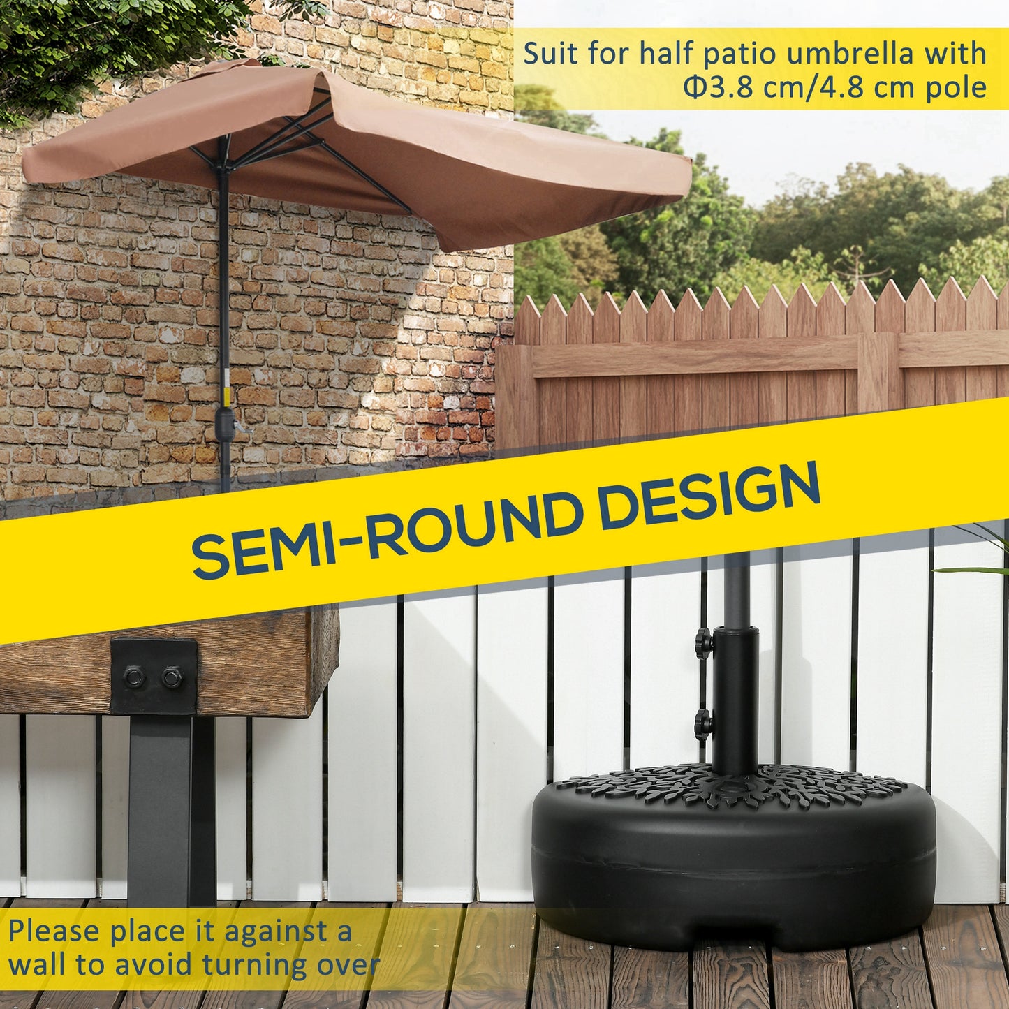 Half Umbrella Base Stand - Water/Sand Filled, Fits 1.5" & 2" Poles, Black