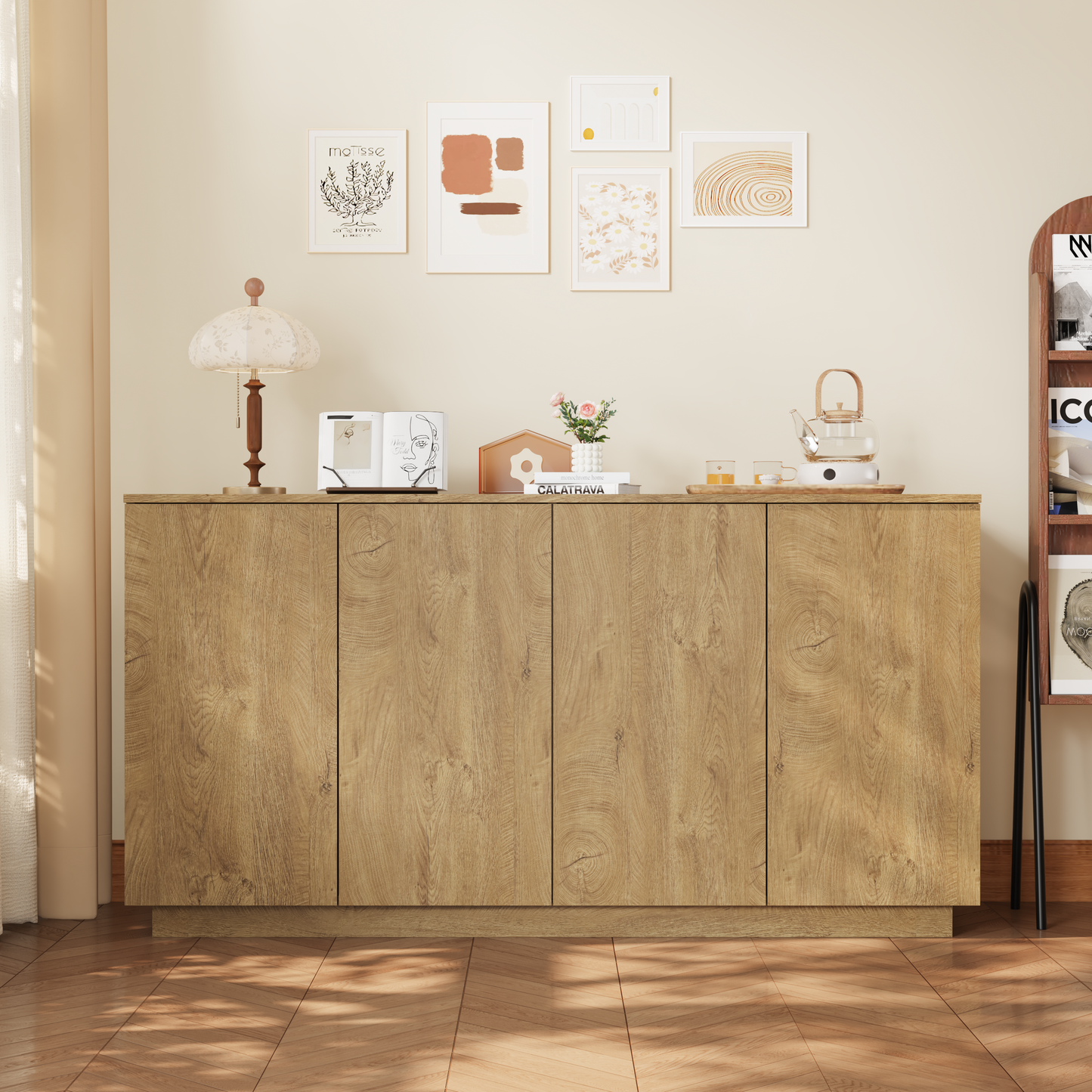 Natural Wood Sideboard Buffet Cabinet with 4 Doors & Adjustable Shelves