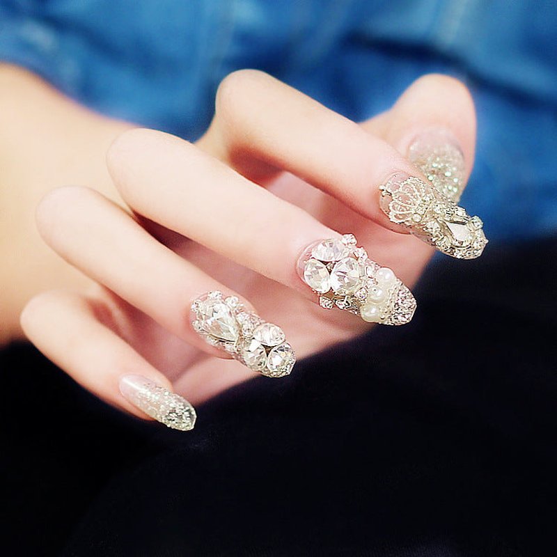 Fake Nails Silver Water Drops - 24 Pieces with Glue