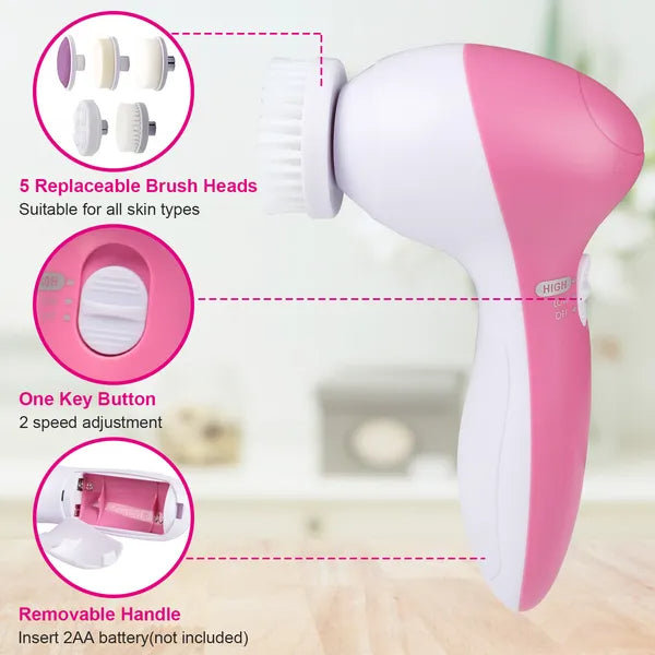 Electric Facial Cleansing Brush with 5 Brush Heads - Pink