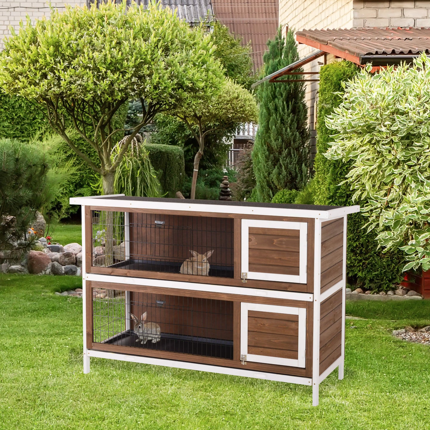 Wooden Rabbit Hutch with Dividers and Asphalt Roof - Small Animal Cage