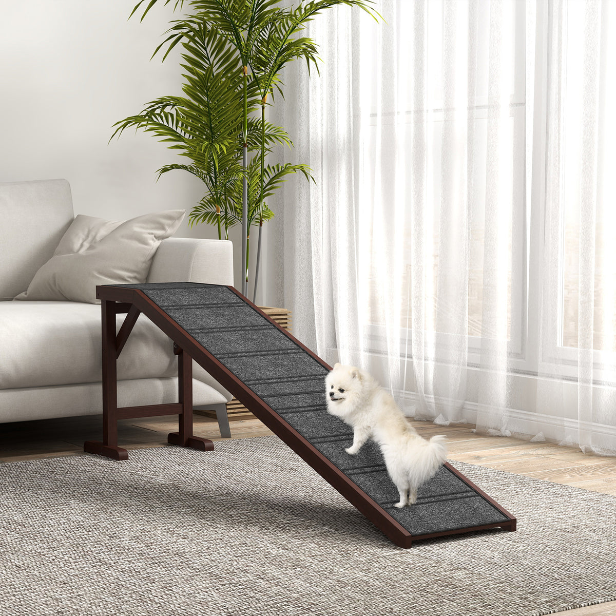 Dog Ramp with Non-Slip Carpet & Top Platform for Easy Access - Brown