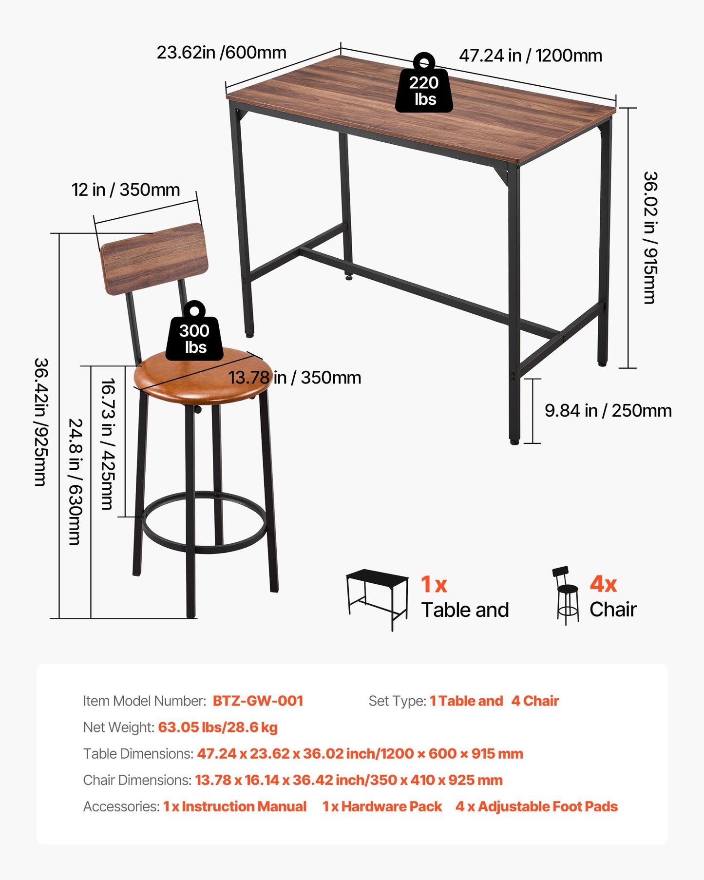 5-Piece Bar Table and Chair Set with Rounded Edge Design - Walnut & Black Finish