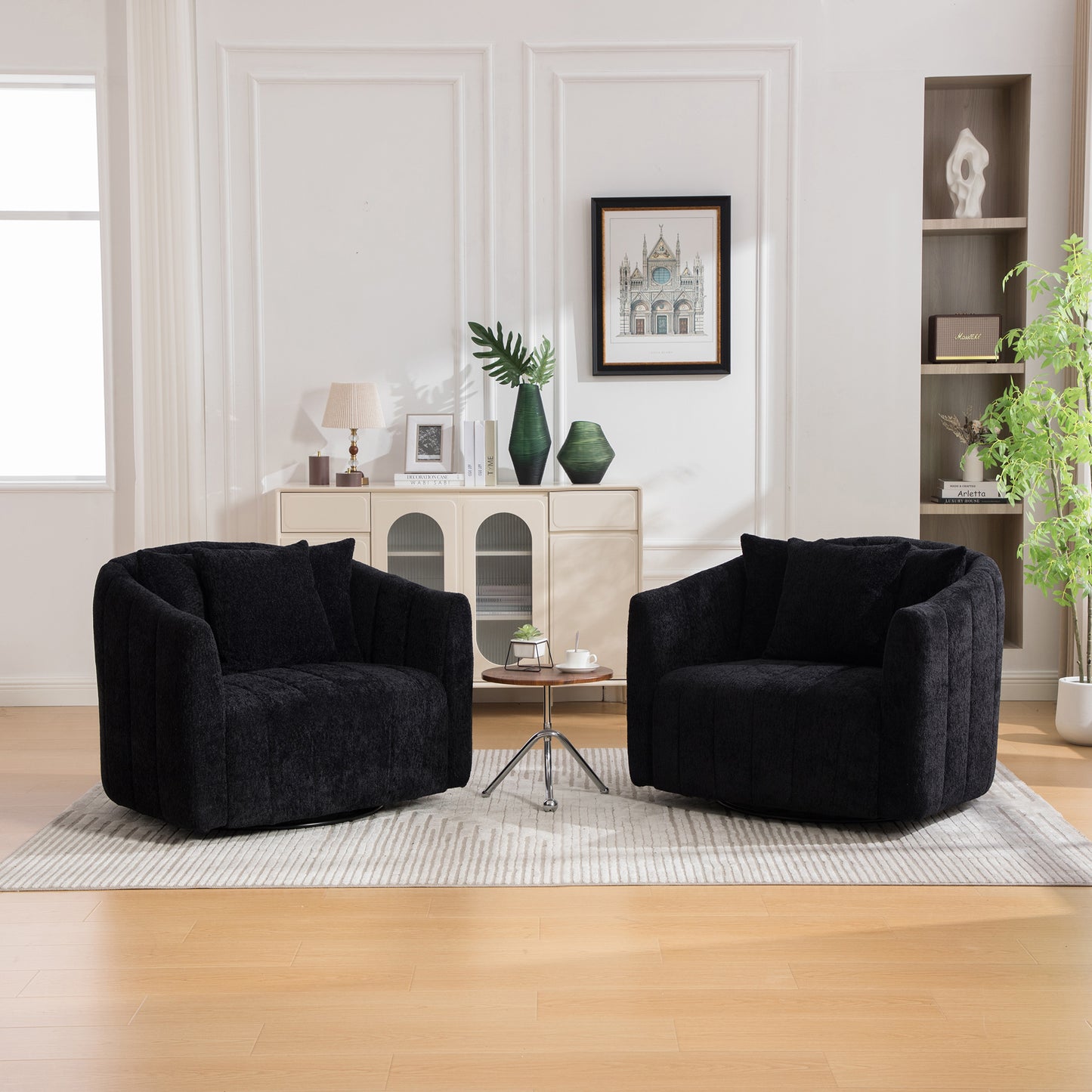 Oversized 360° Swivel Accent Barrel Chair with Pillows - Black
