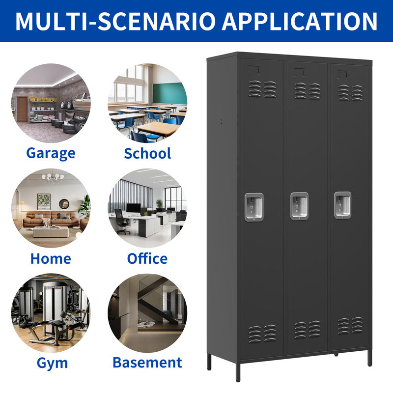 3-Door Metal Storage Locker with Locks - Gray & Black